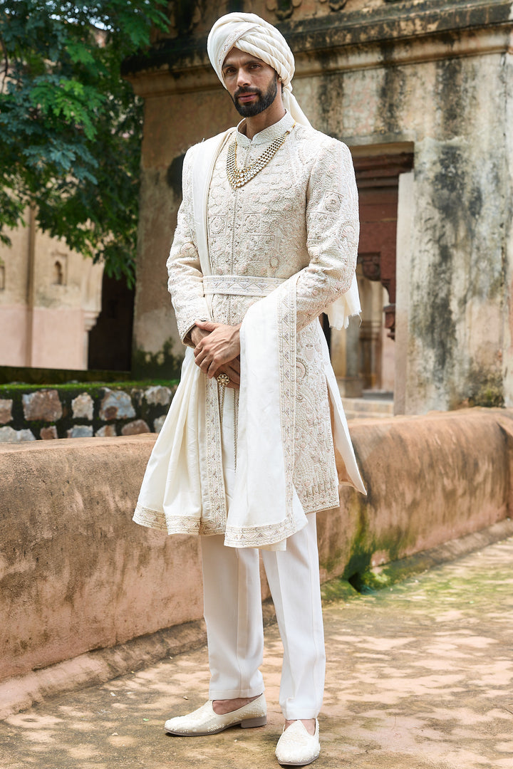 Ivory Pink Raw Silk Embroidered Sherwani Set