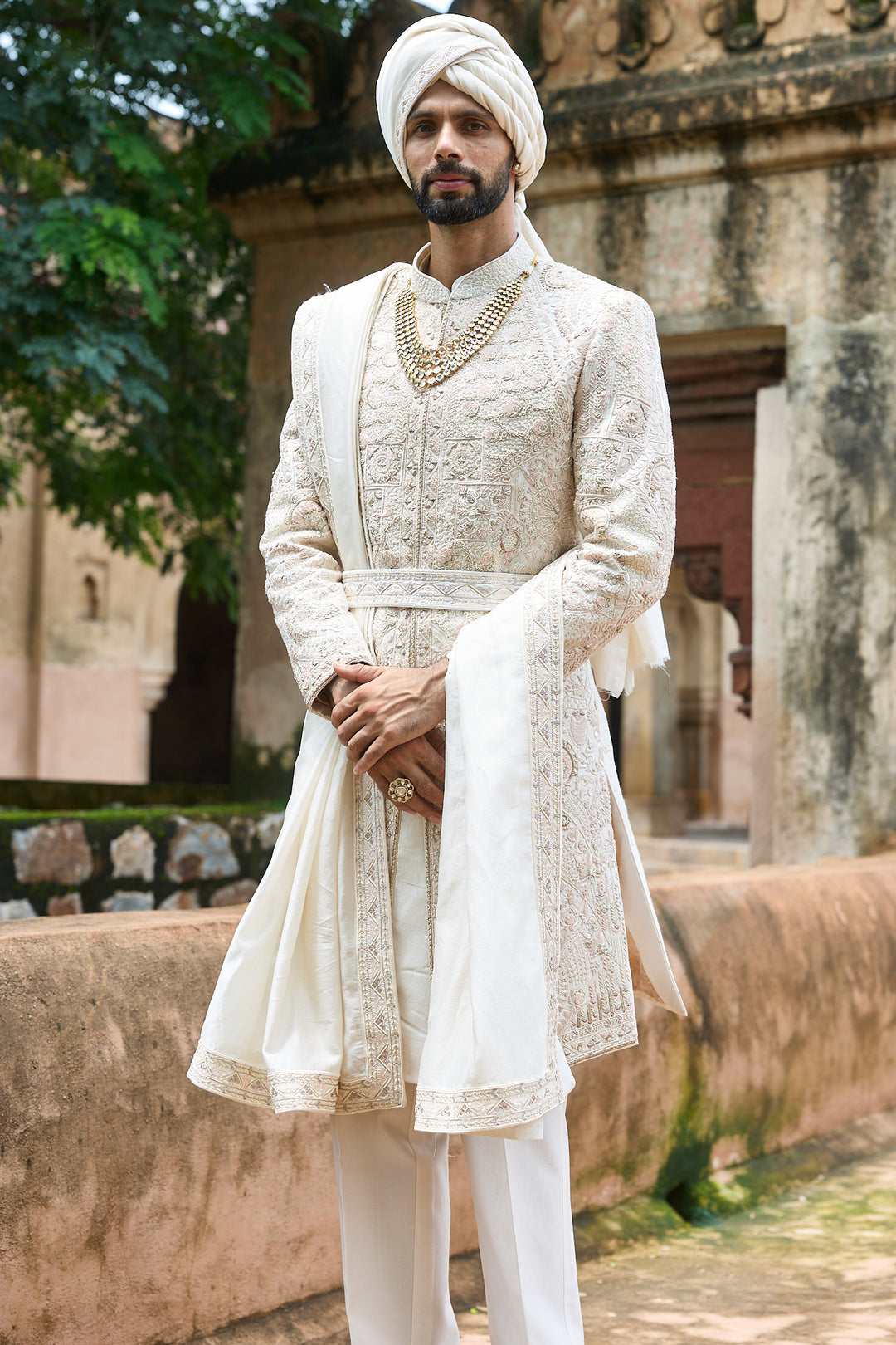 Ivory Pink Raw Silk Embroidered Sherwani Set