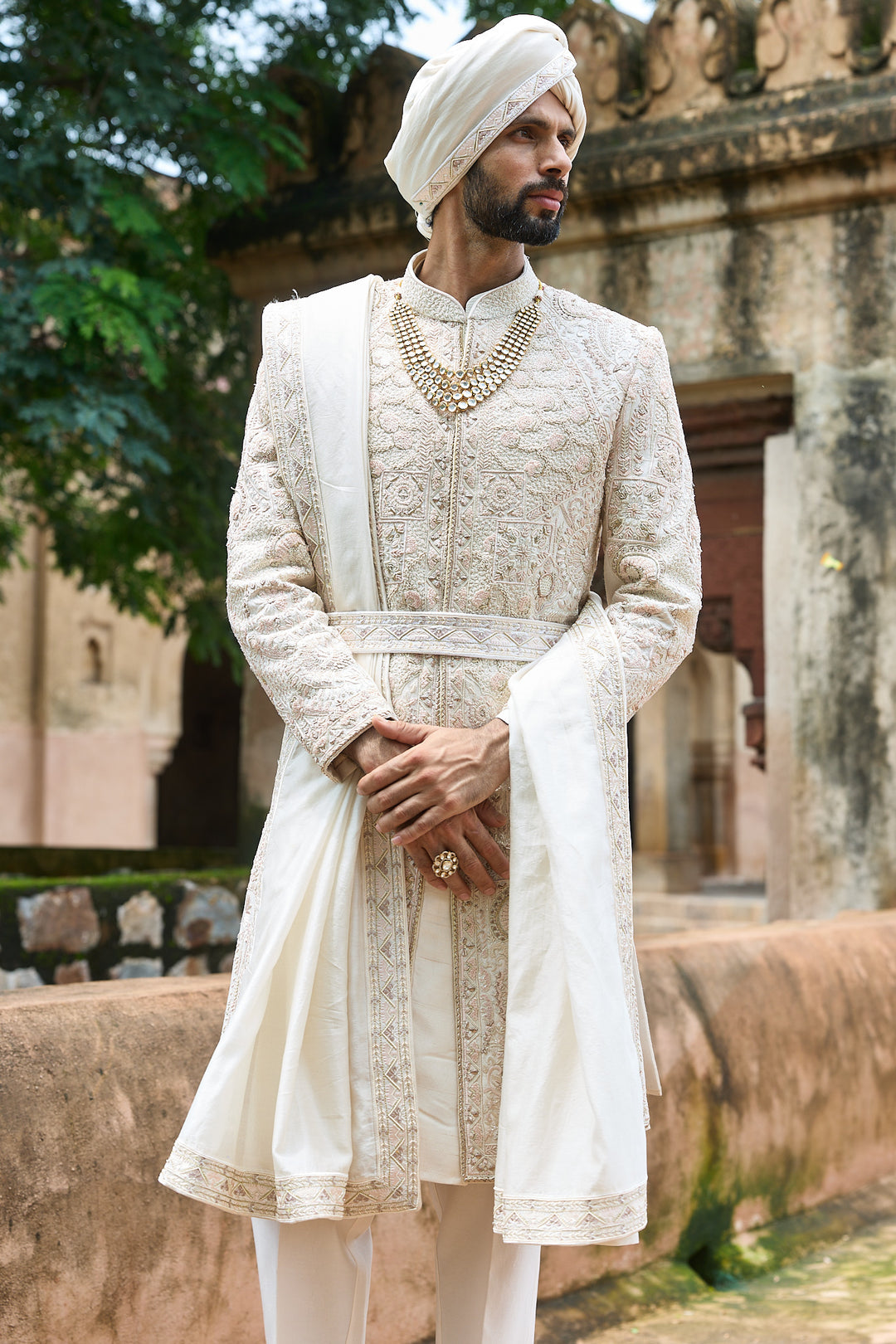 Ivory Pink Raw Silk Embroidered Sherwani Set