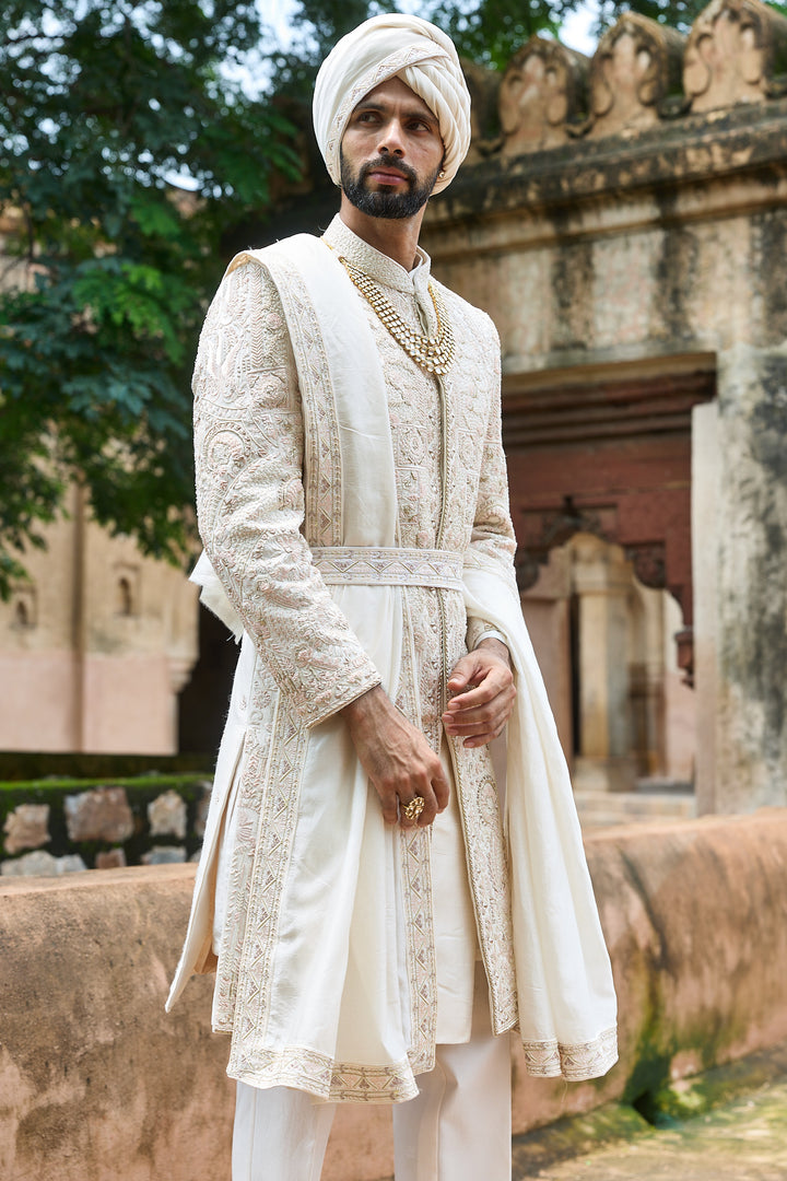 Ivory Pink Raw Silk Embroidered Sherwani Set