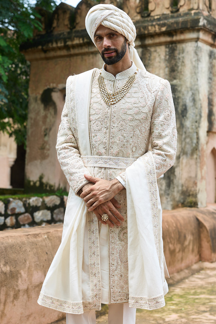 Ivory Pink Raw Silk Embroidered Sherwani Set
