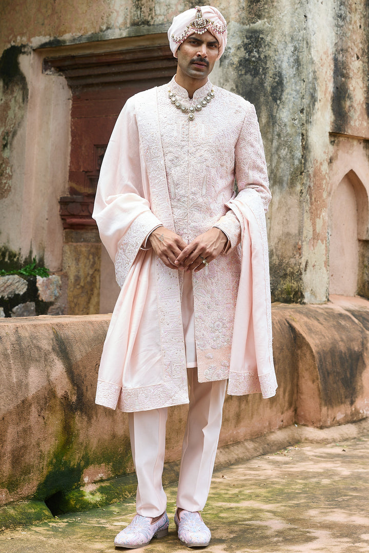 Baby Pink Raw Silk Embroidered Sherwani Set