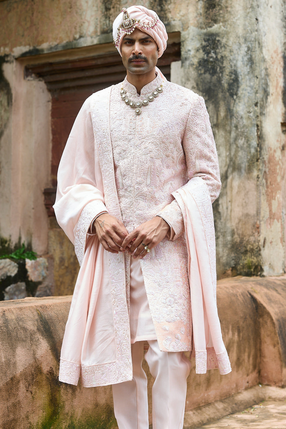 Baby Pink Raw Silk Embroidered Sherwani Set