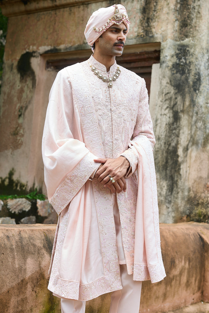 Baby Pink Raw Silk Embroidered Sherwani Set
