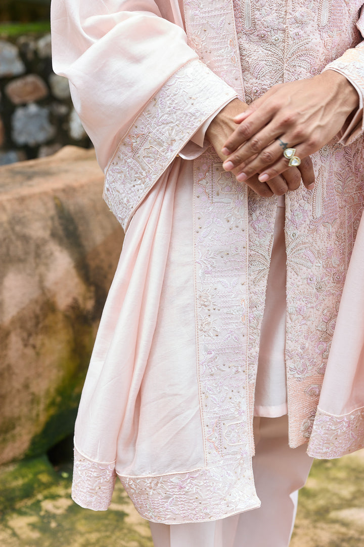 Baby Pink Raw Silk Embroidered Sherwani Set