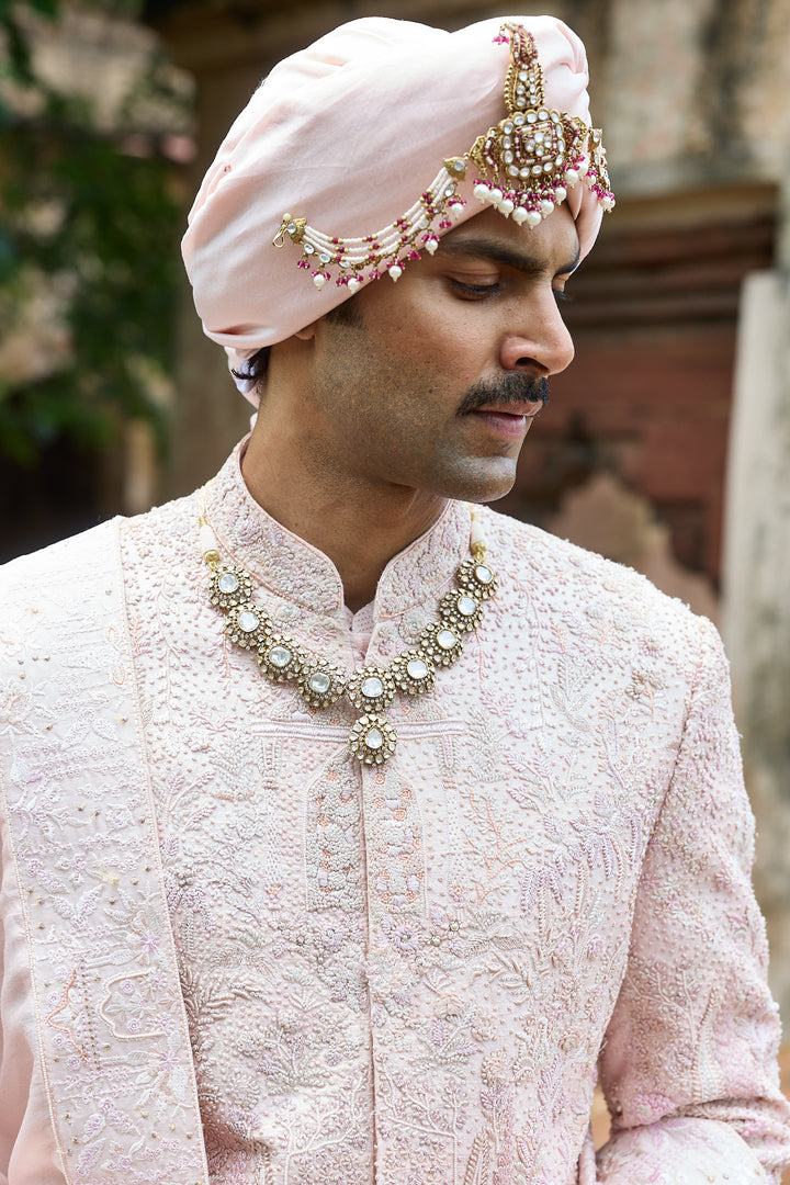 Baby Pink Raw Silk Embroidered Sherwani Set