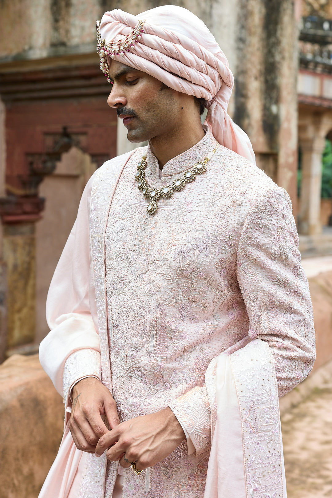 Baby Pink Raw Silk Embroidered Sherwani Set