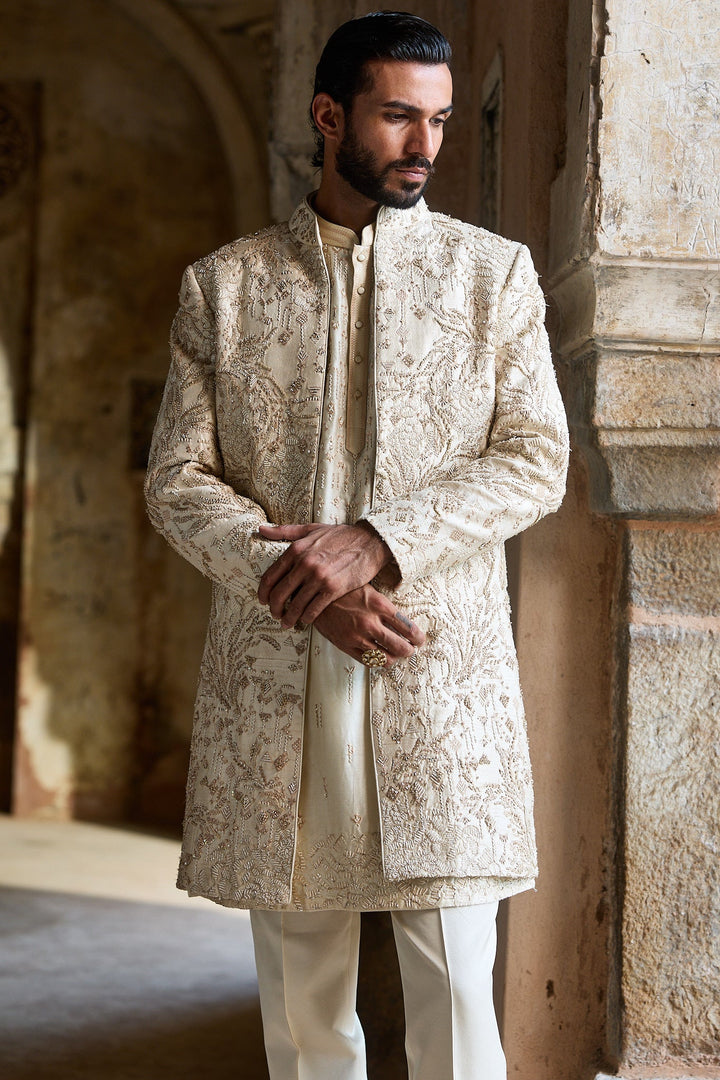 Créme Zari Raw Silk Embroidered Indo-Western Set