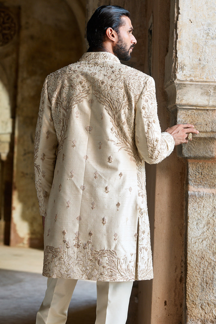 Créme Zari Raw Silk Embroidered Indo-Western Set