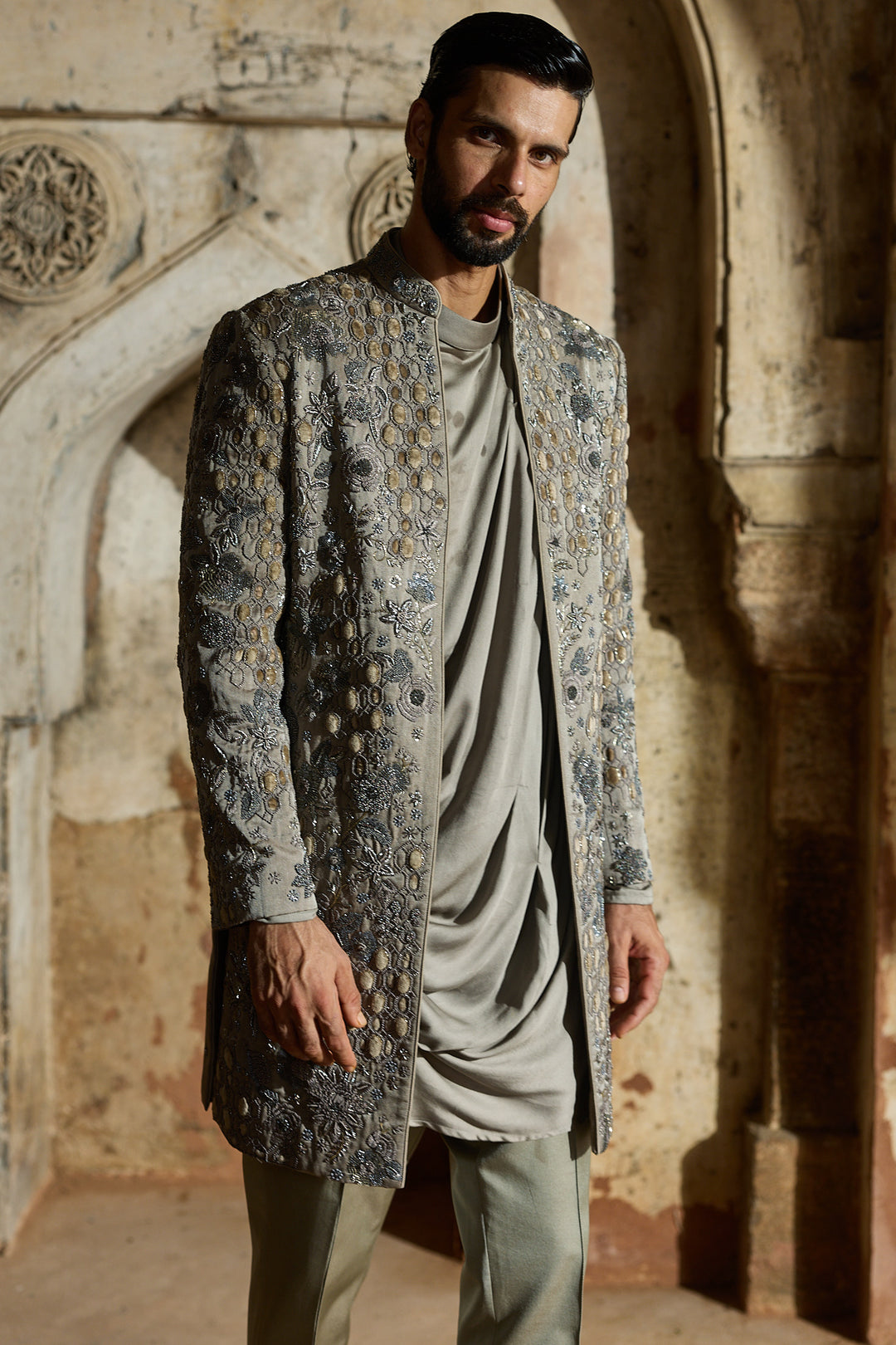 Grey Satin Silk Embroidered Indo-Western Set