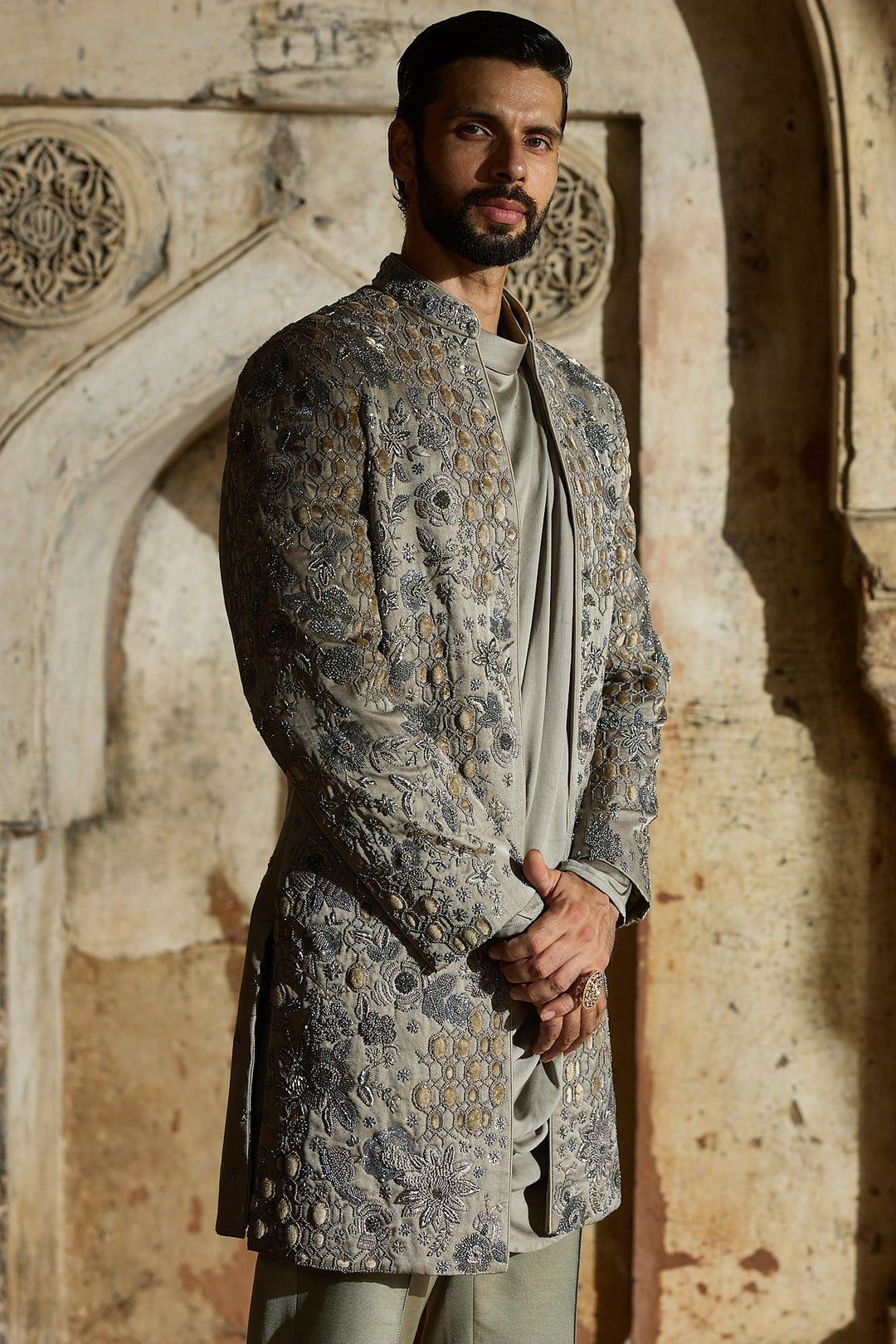 Grey Satin Silk Embroidered Indo-Western Set