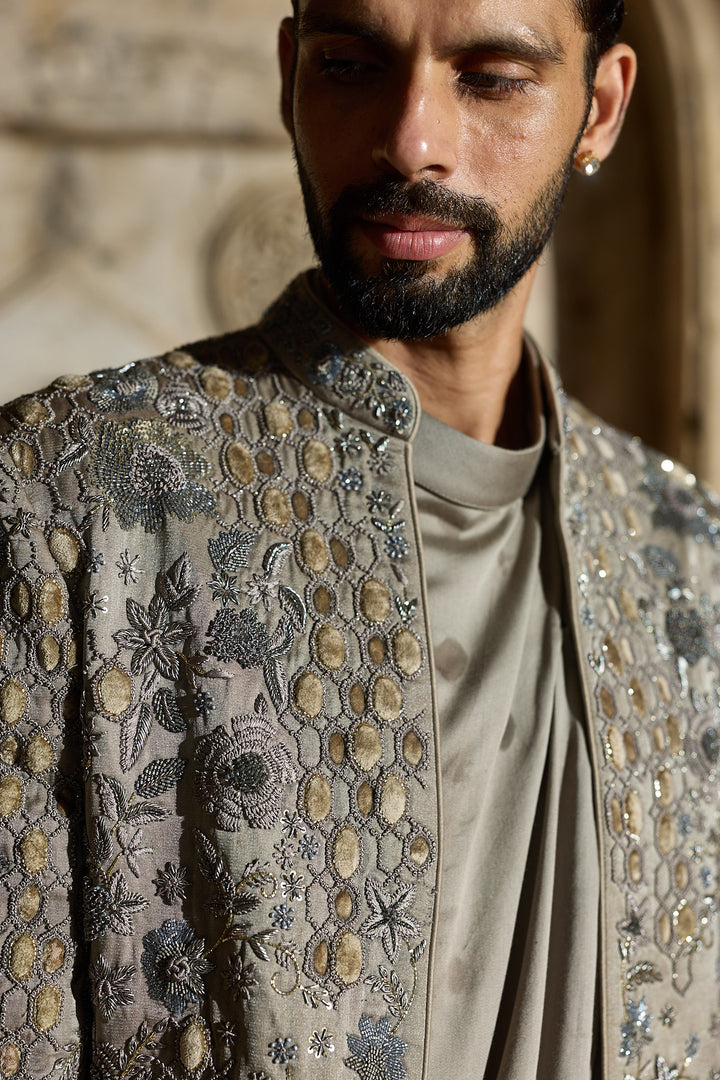 Grey Satin Silk Embroidered Indo-Western Set