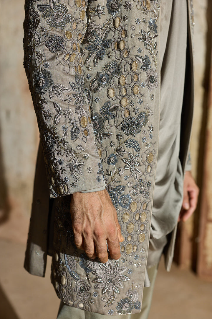 Grey Satin Silk Embroidered Indo-Western Set