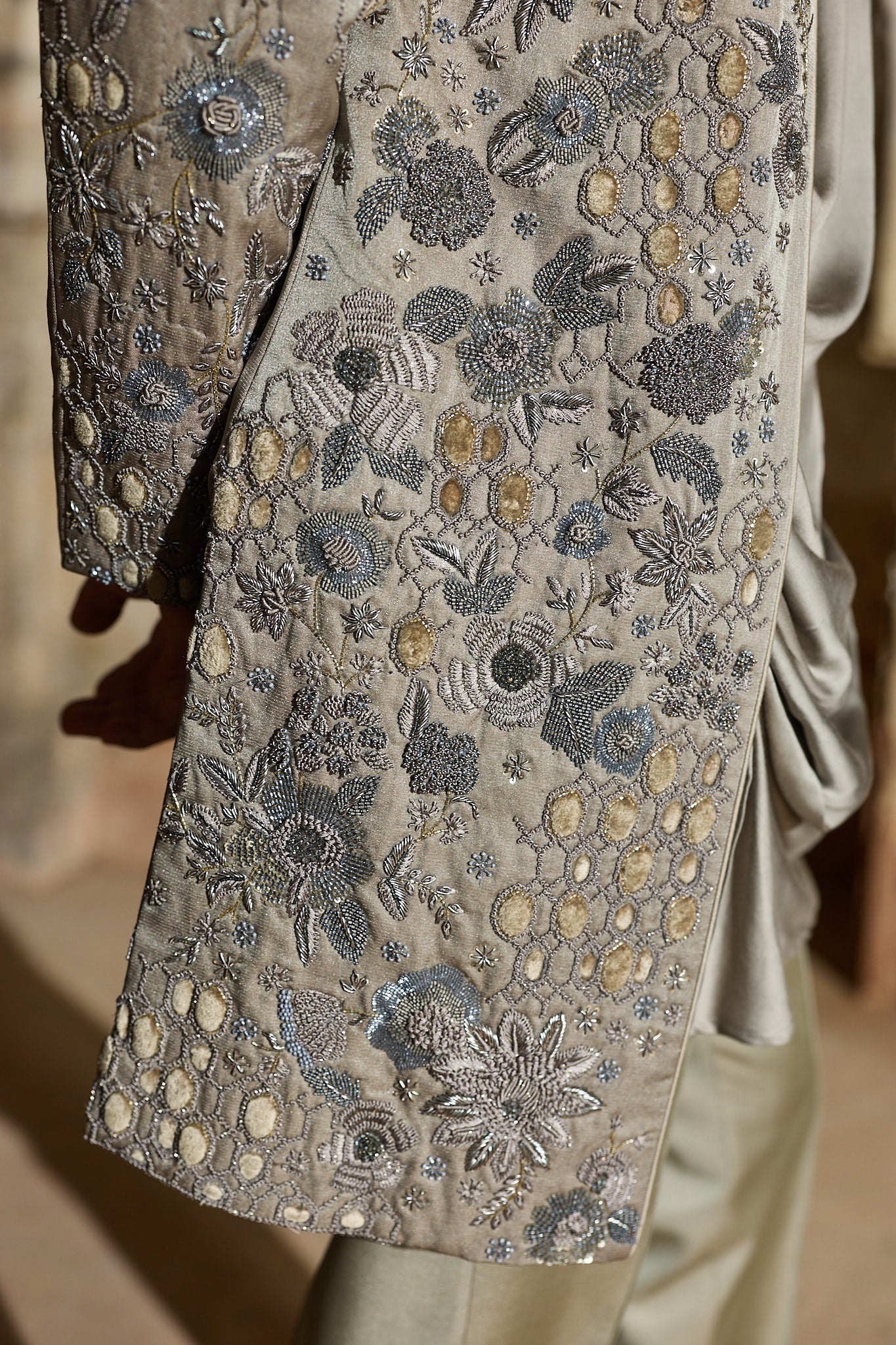Grey Satin Silk Embroidered Indo-Western Set | Asuka Couture