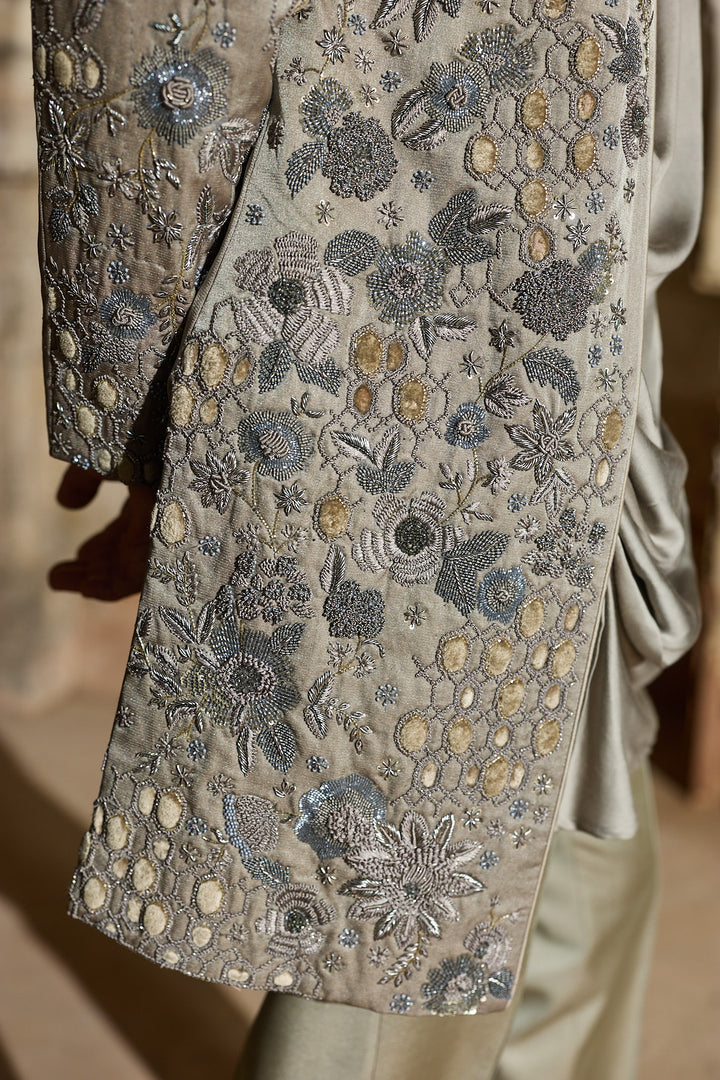 Grey Satin Silk Embroidered Indo-Western Set