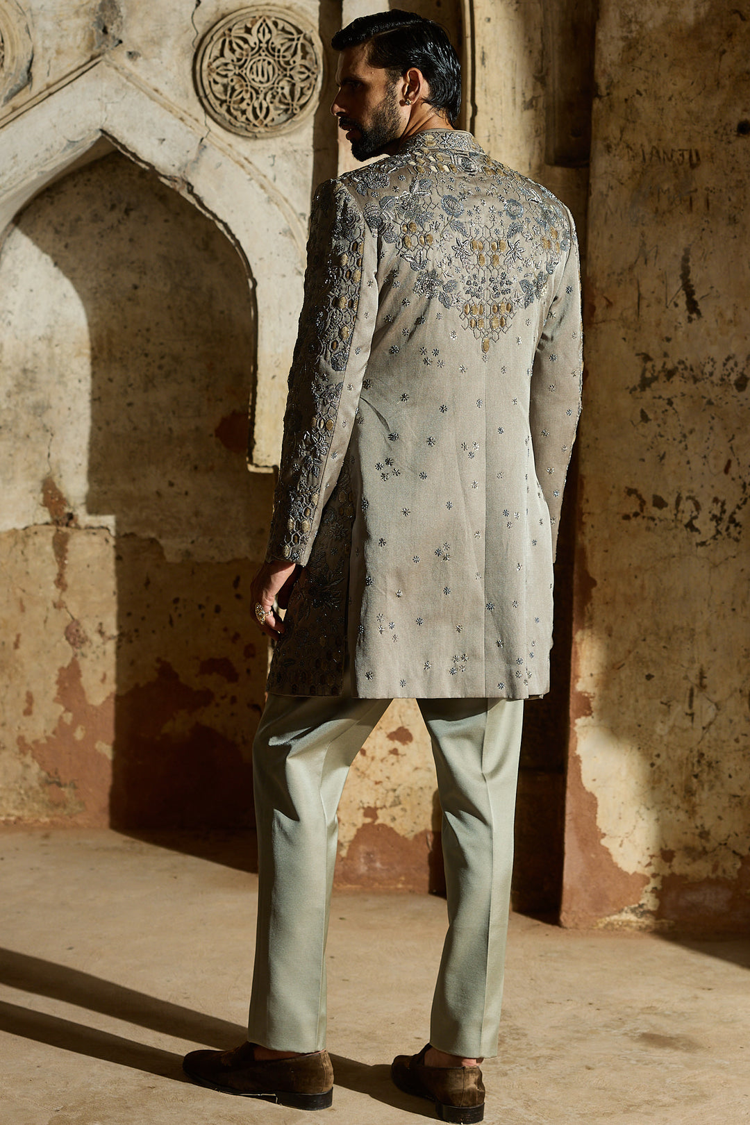 Grey Satin Silk Embroidered Indo-Western Set