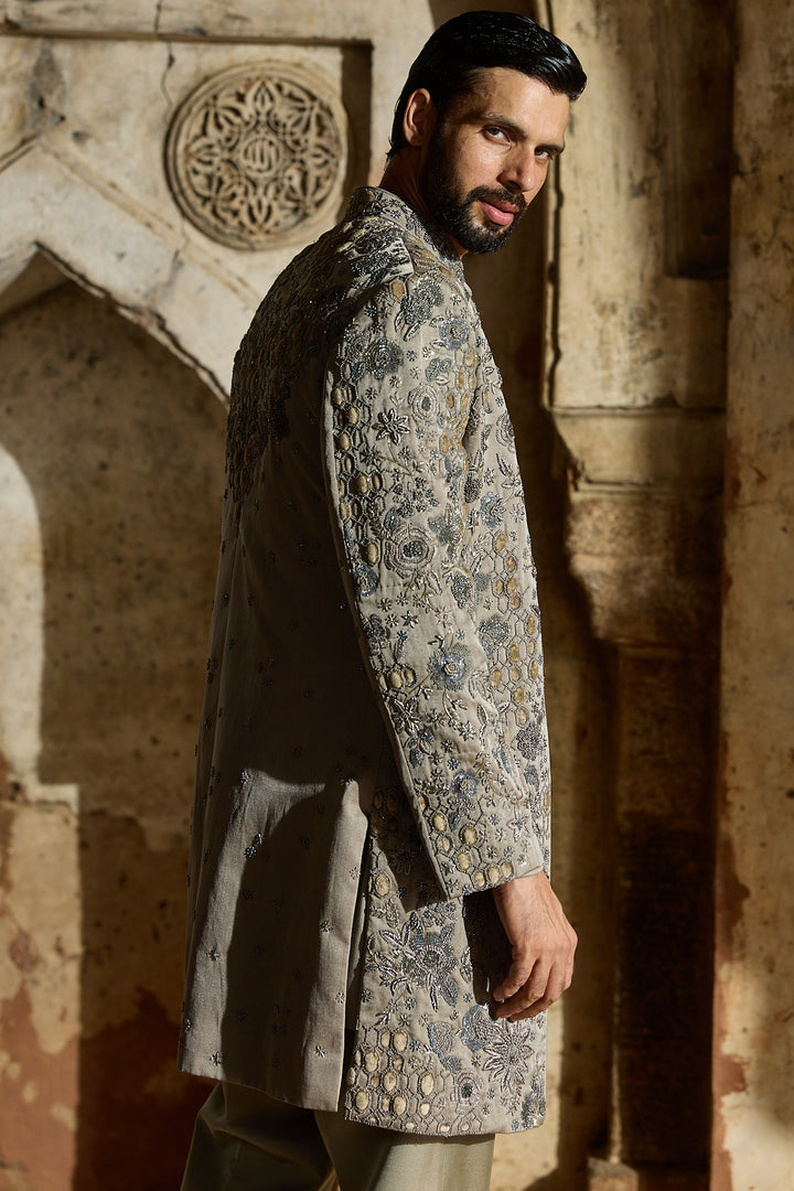 Grey Satin Silk Embroidered Indo-Western Set