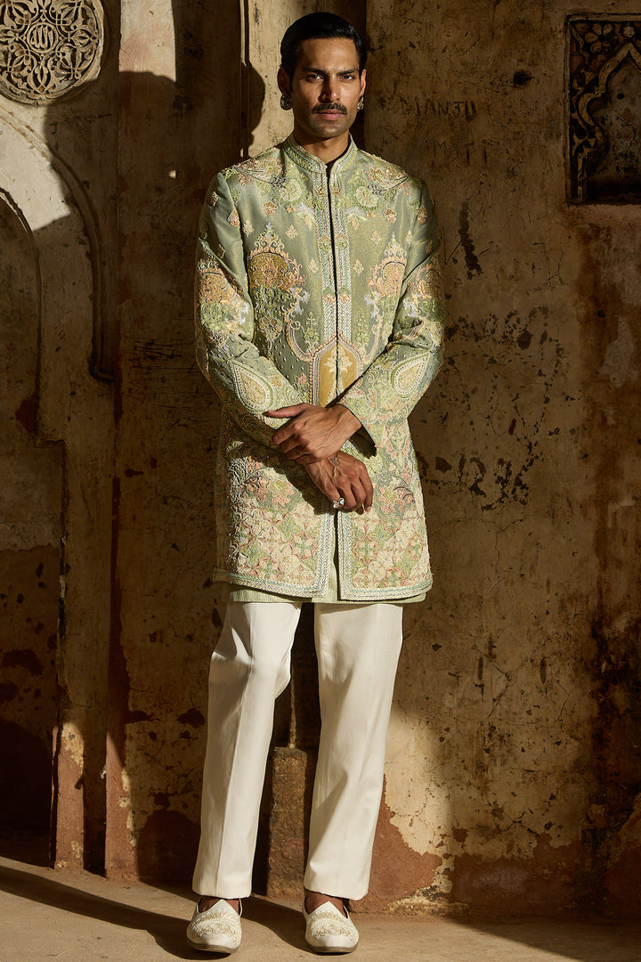 Pastel Green Tissue Embroidered Indo-Western Set