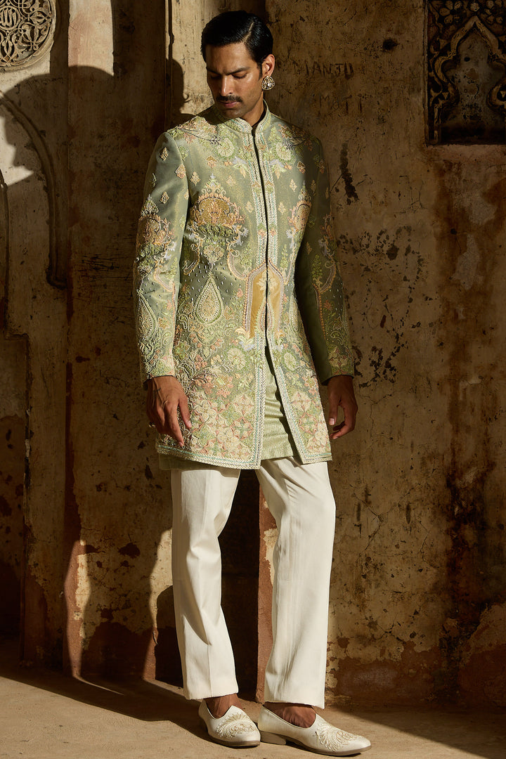 Pastel Green Tissue Embroidered Indo-Western Set