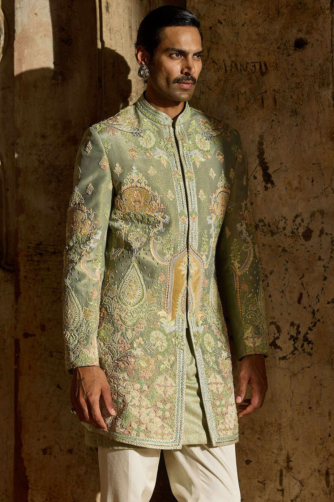 Pastel Green Tissue Embroidered Indo-Western Set