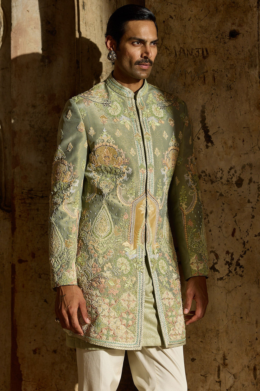 Pastel Green Tissue Embroidered Indo-Western Set
