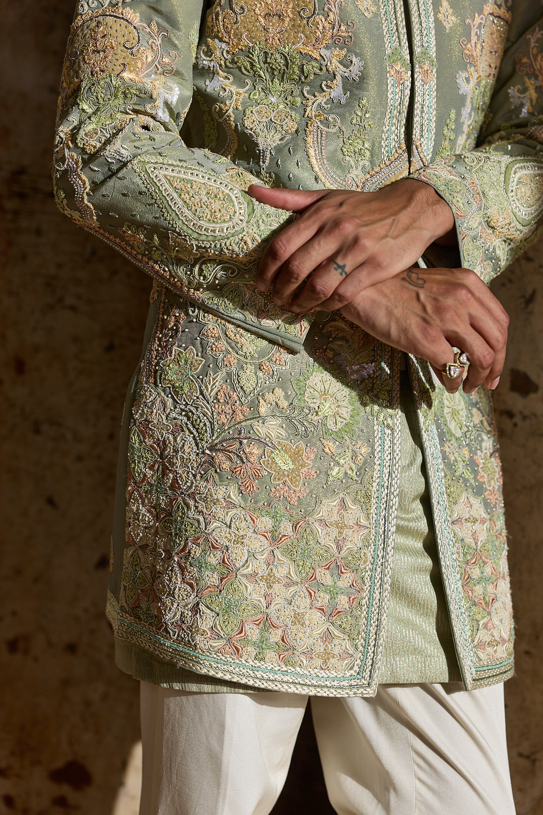 Pastel Green Tissue Embroidered Indo-Western Set