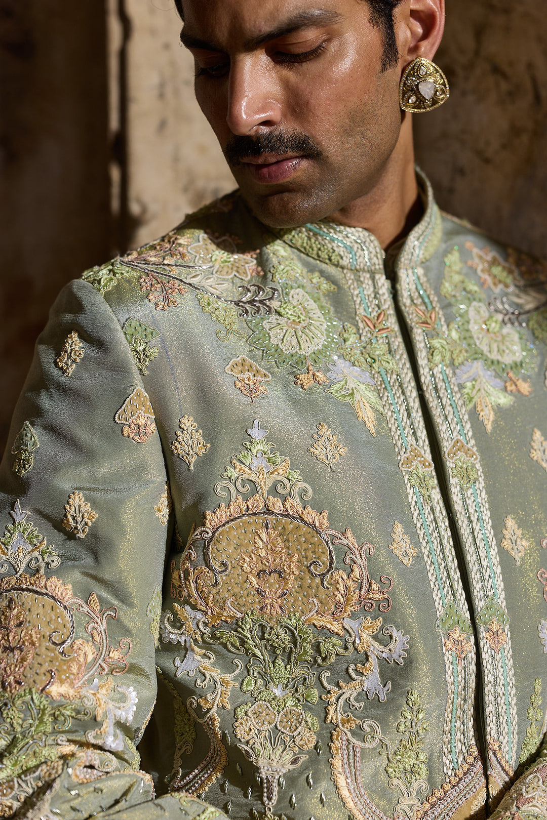 Pastel Green Tissue Embroidered Indo-Western Set