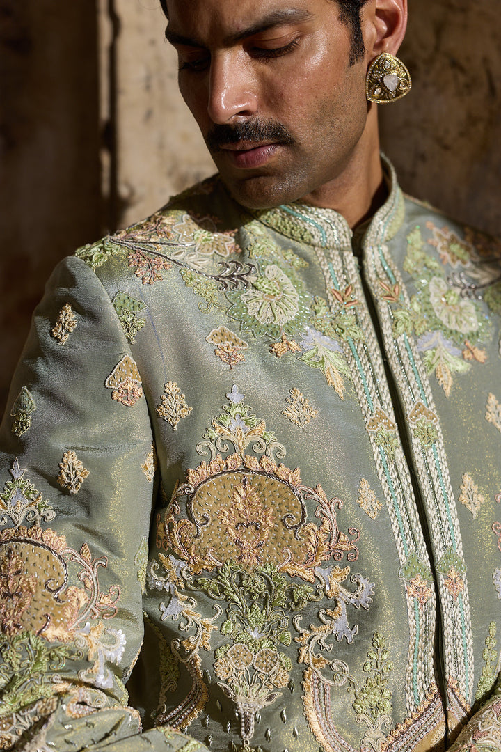 Pastel Green Tissue Embroidered Indo-Western Set