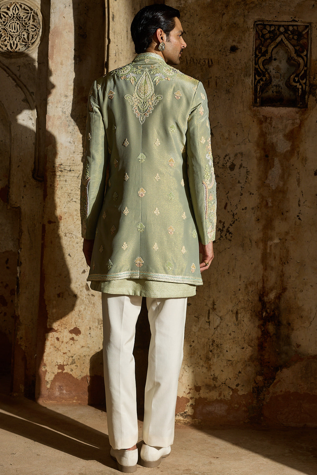 Pastel Green Tissue Embroidered Indo-Western Set