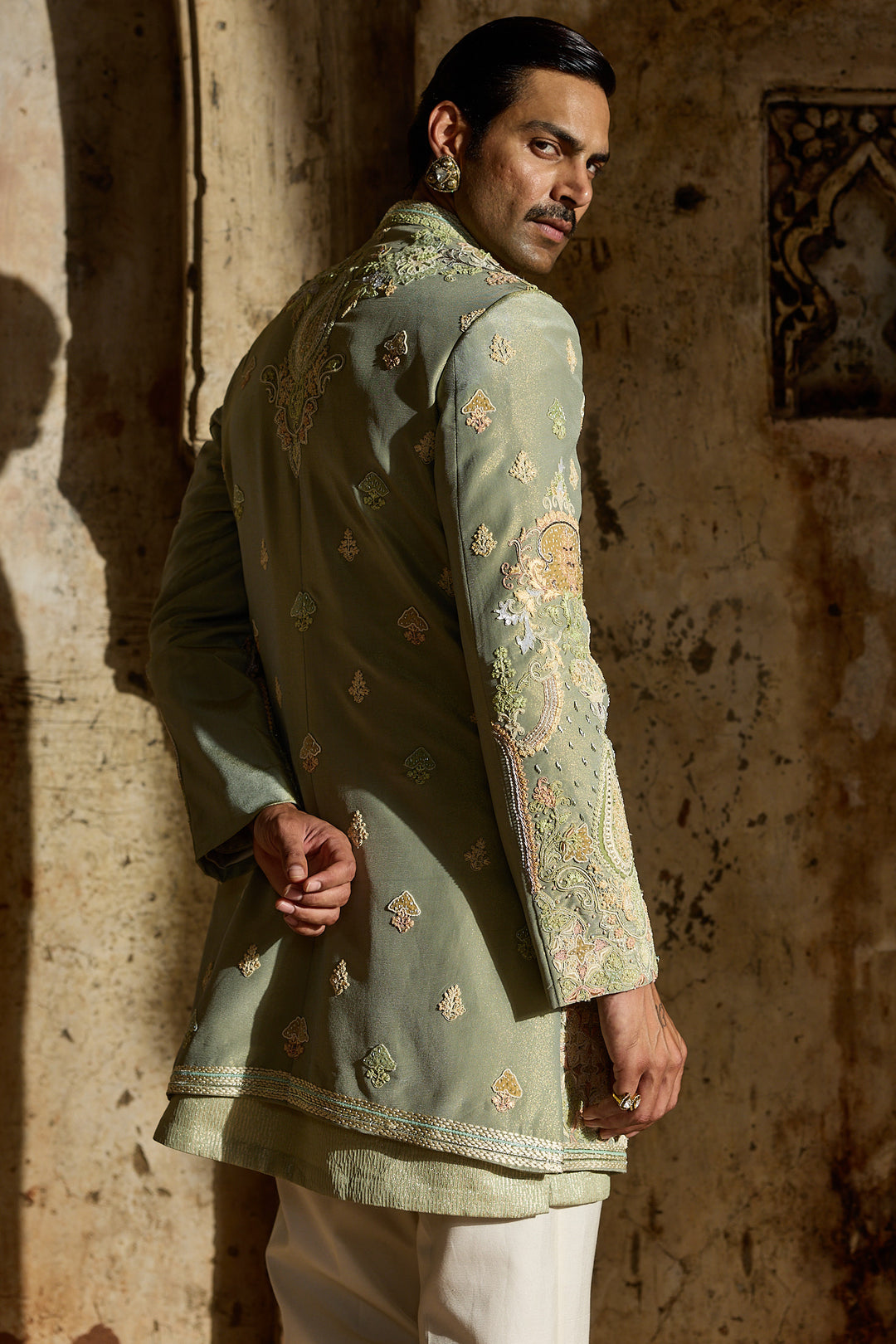 Pastel Green Tissue Embroidered Indo-Western Set