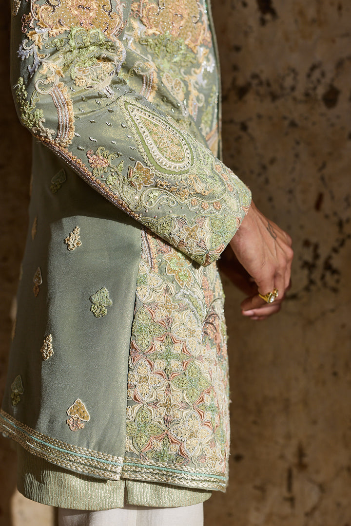Pastel Green Tissue Embroidered Indo-Western Set