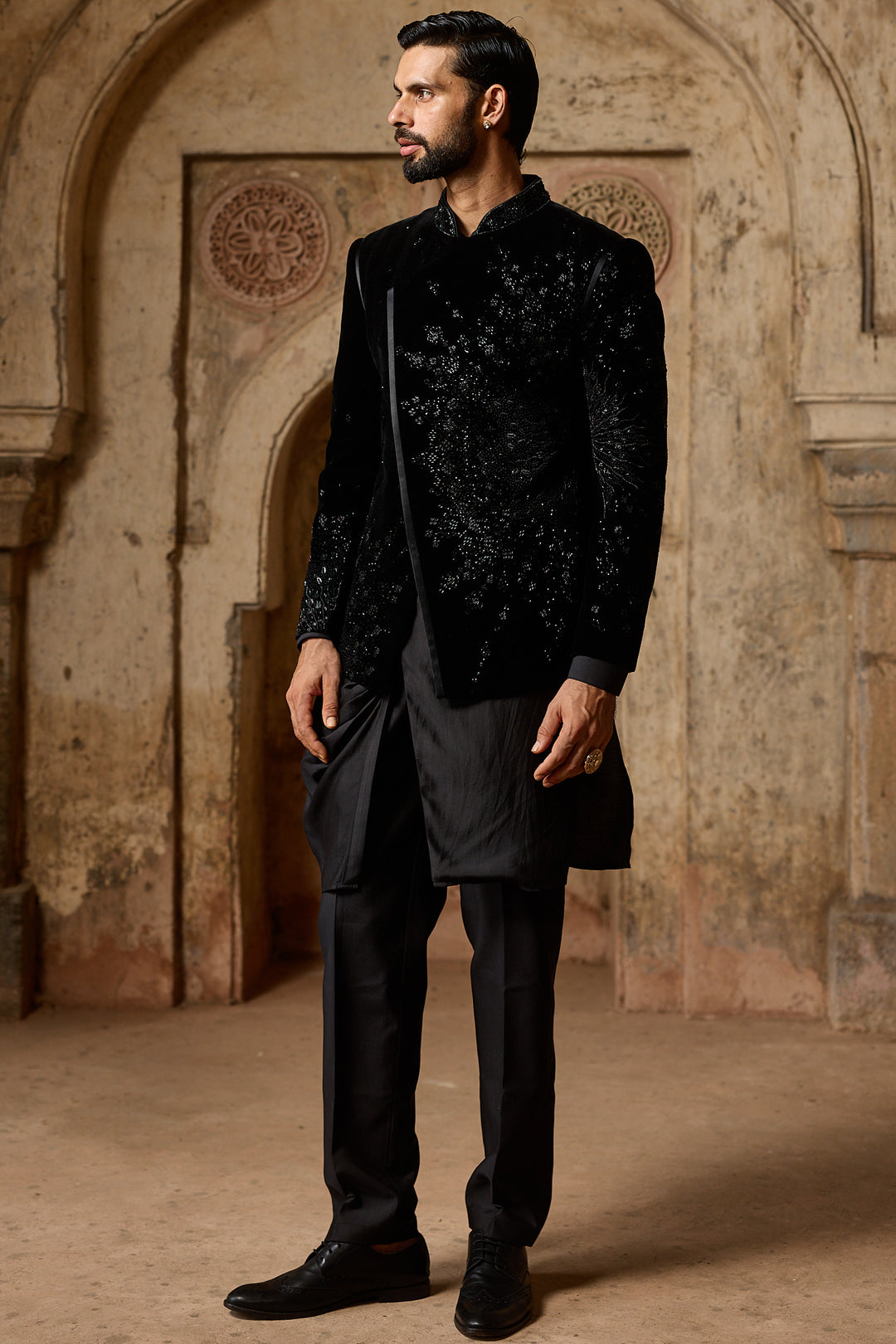 Black Velvet Angrakha Bandhgala Set