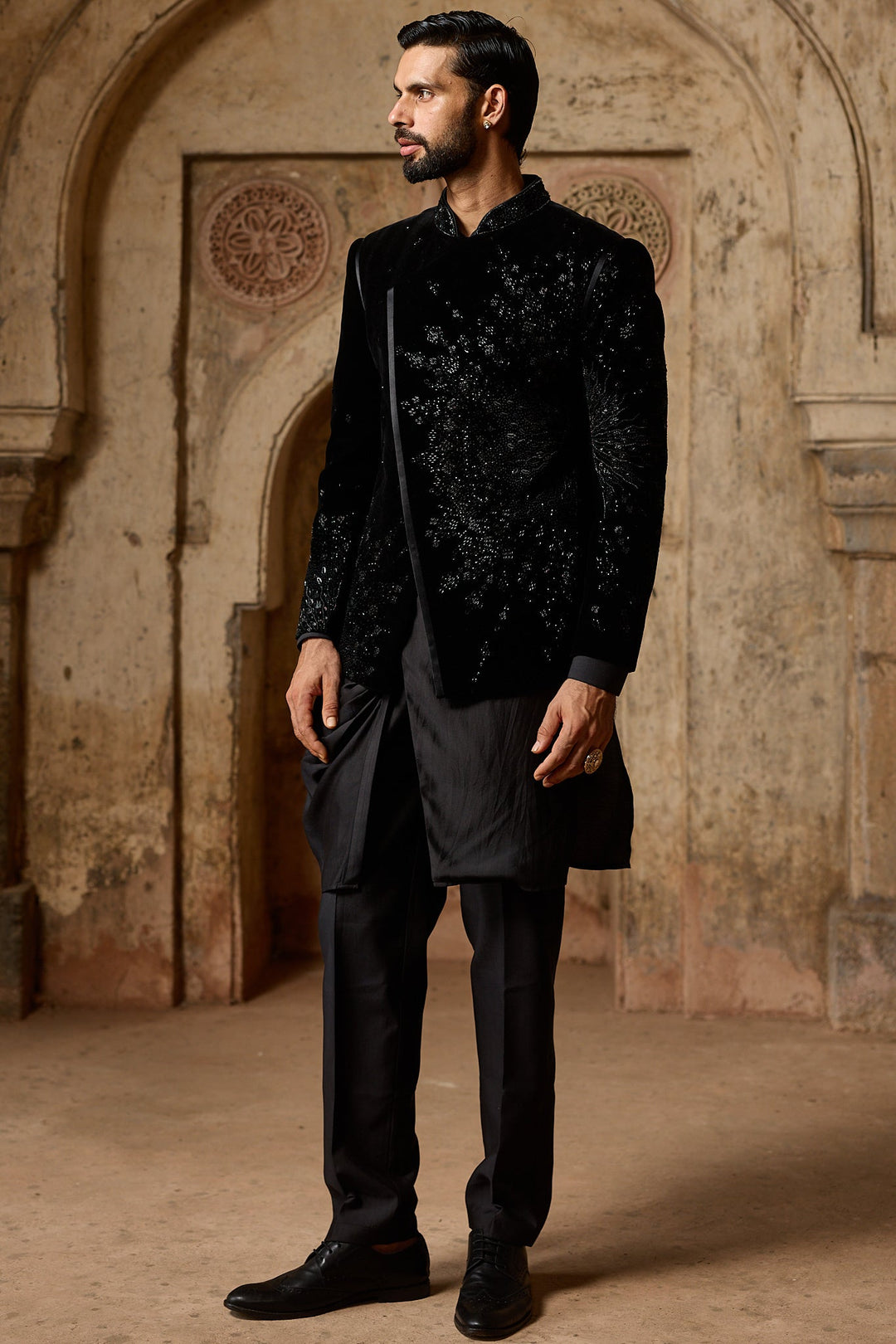 Black Velvet Angrakha Bandhgala Set