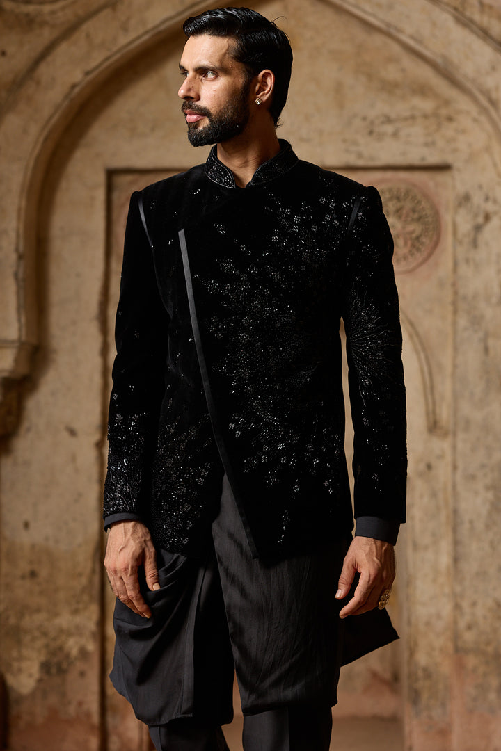 Black Velvet Angrakha Bandhgala Set