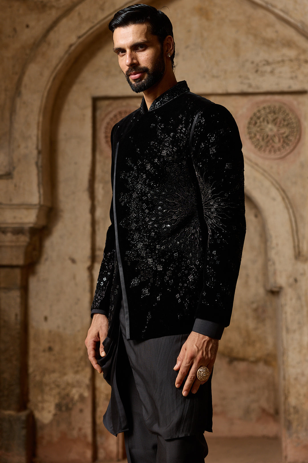 Black Velvet Angrakha Bandhgala Set