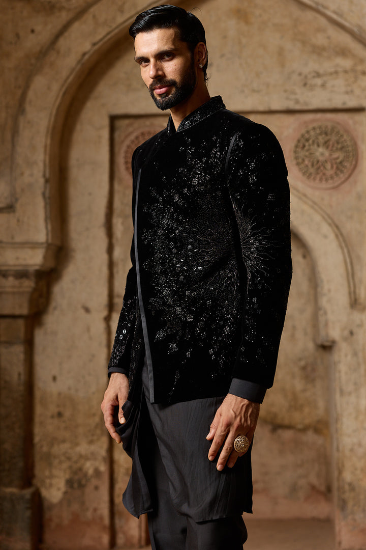 Black Velvet Angrakha Bandhgala Set