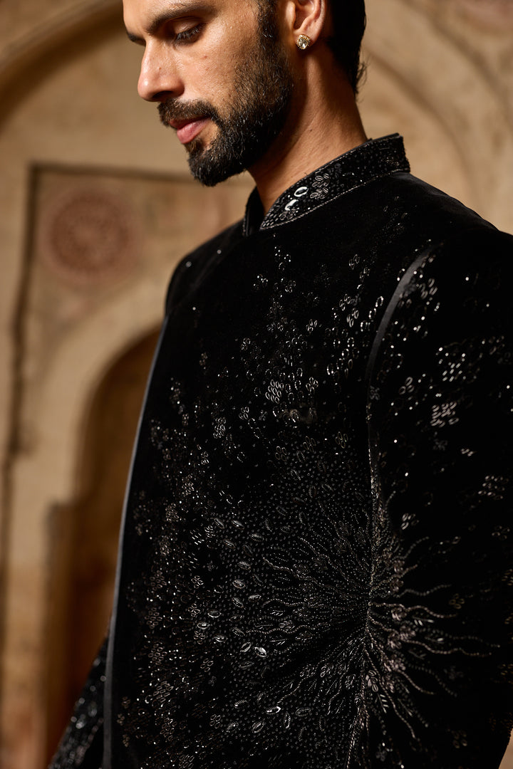 Black Velvet Angrakha Bandhgala Set