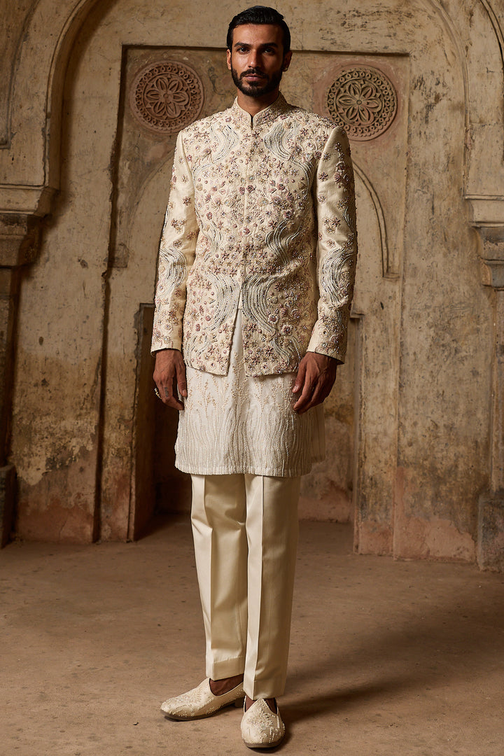 Ivory Raw Silk Embroidered Bandhgala Set