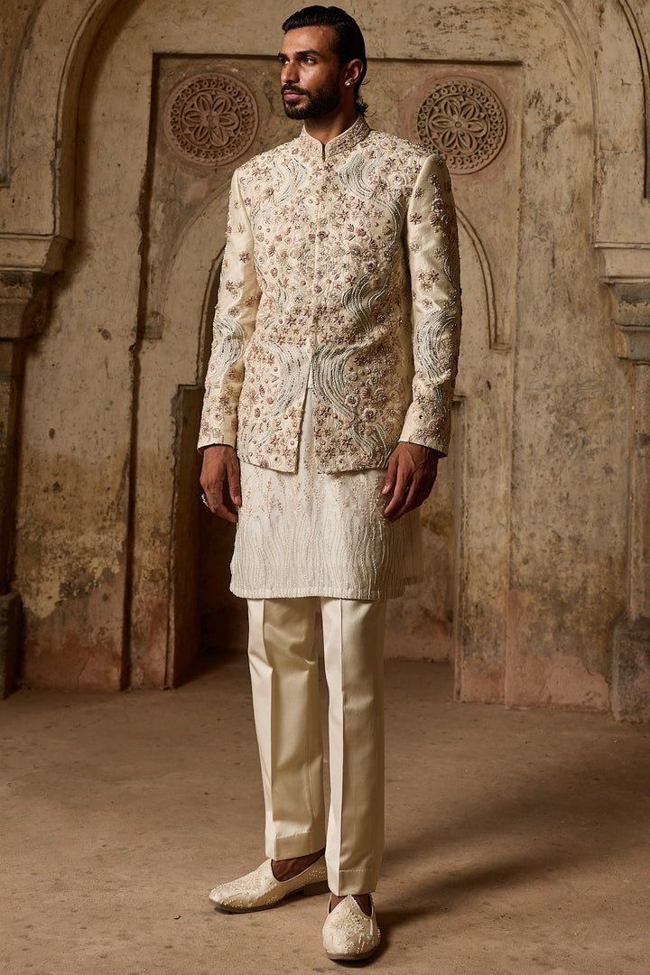 Ivory Raw Silk Embroidered Bandhgala Set