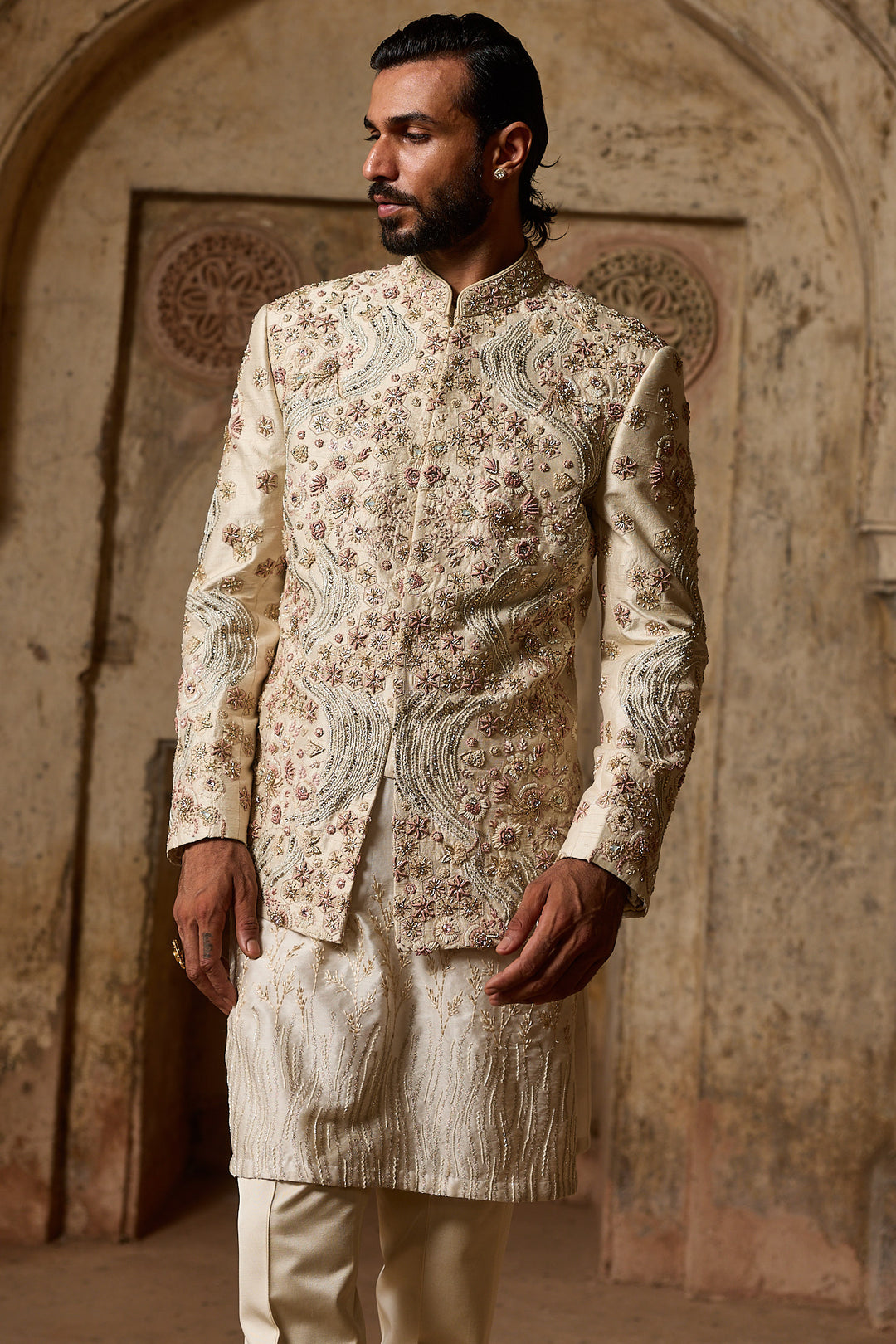 Ivory Raw Silk Embroidered Bandhgala Set