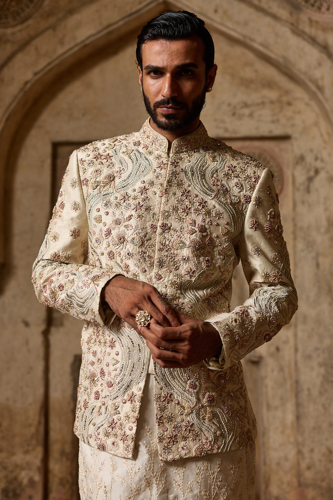 Ivory Raw Silk Embroidered Bandhgala Set