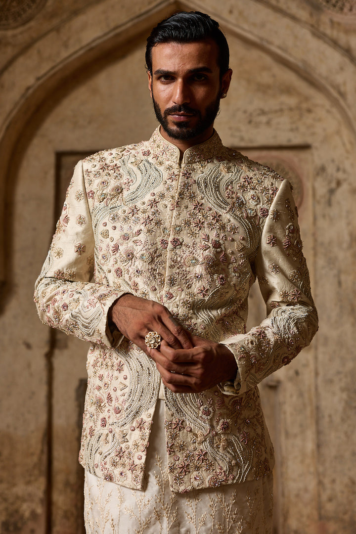 Ivory Raw Silk Embroidered Bandhgala Set