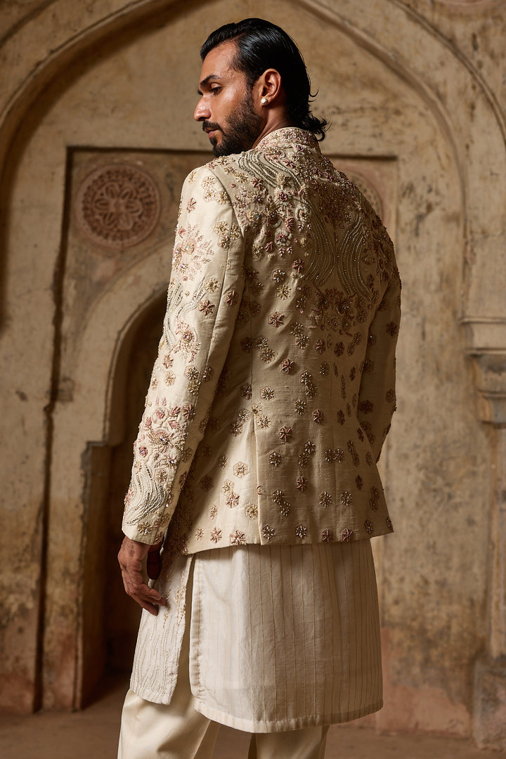 Ivory Raw Silk Embroidered Bandhgala Set