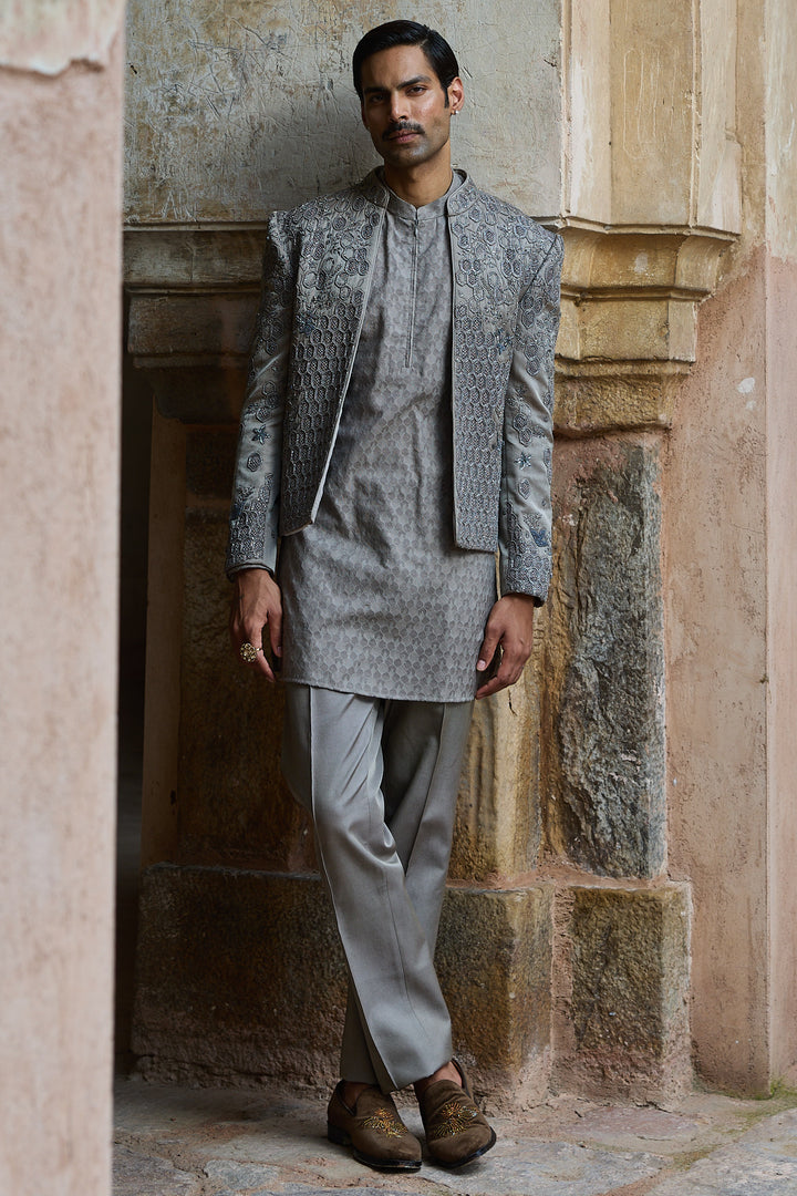 Grey Satin Silk Embroidered Open Bandhgala Set