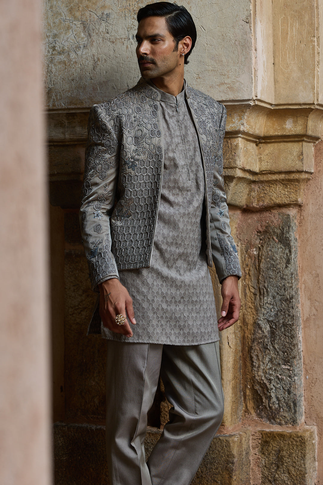 Grey Satin Silk Embroidered Open Bandhgala Set