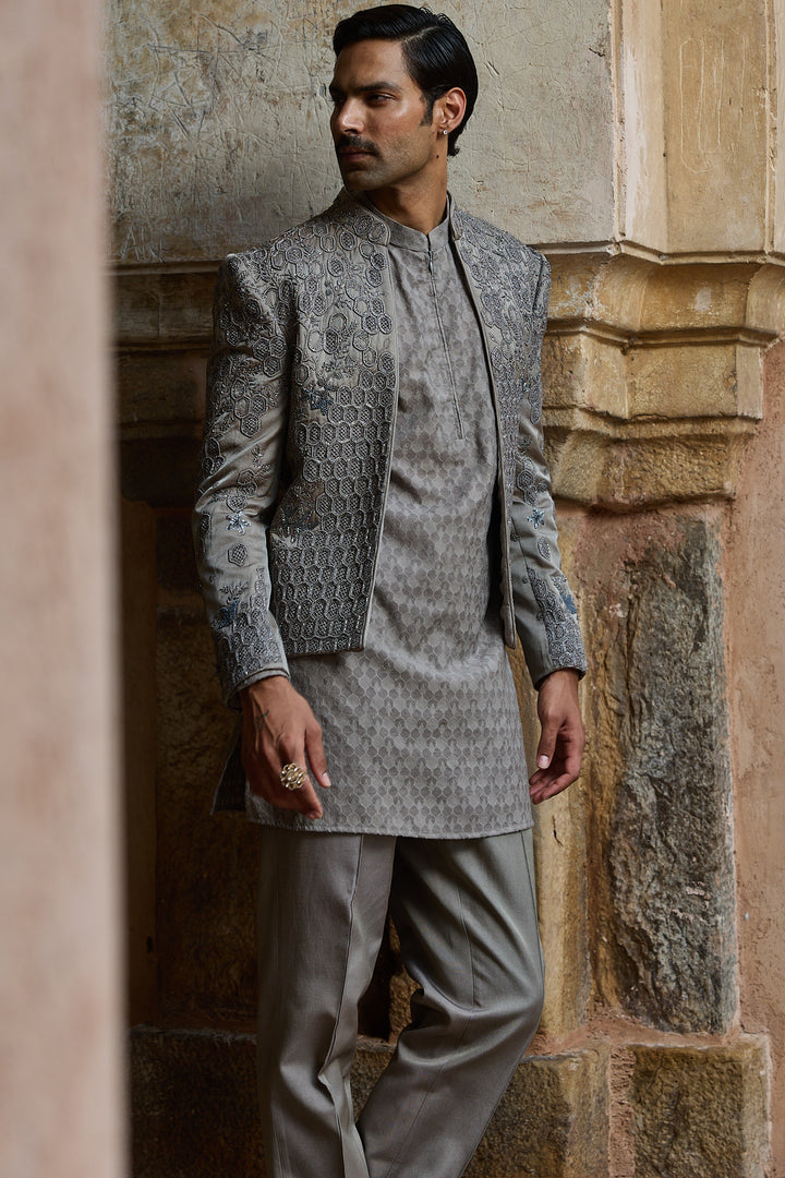 Grey Satin Silk Embroidered Open Bandhgala Set