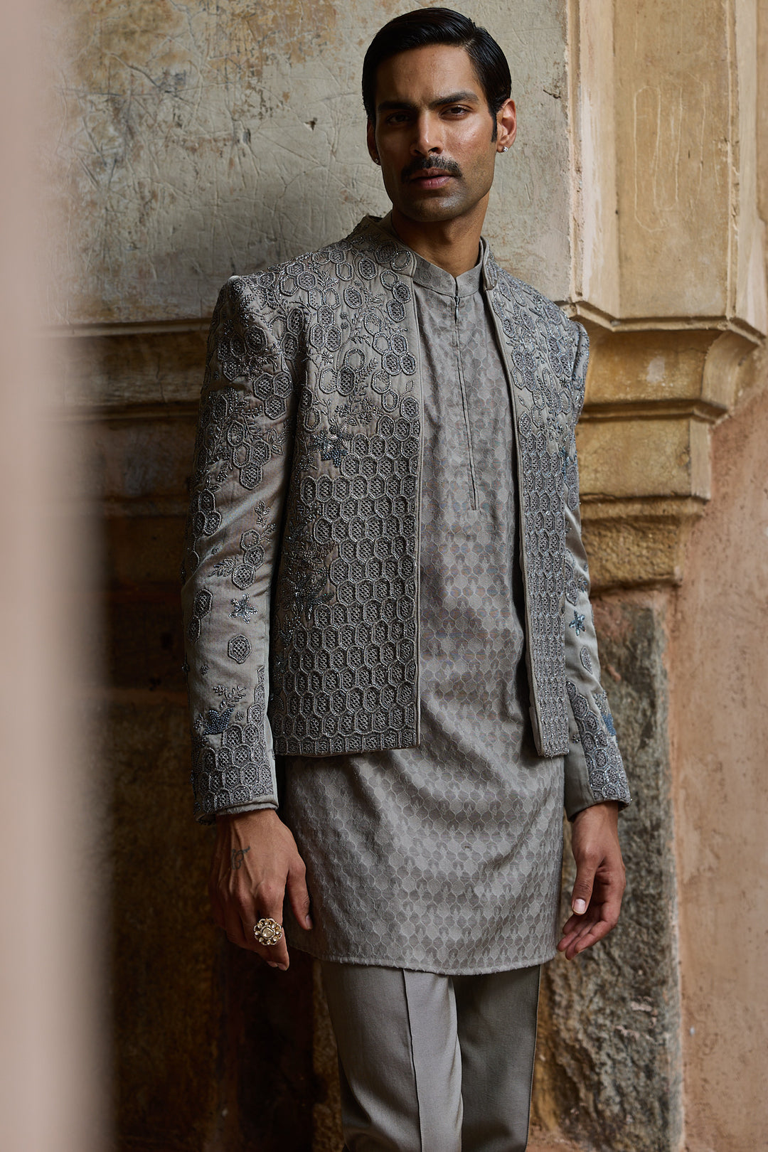 Grey Satin Silk Embroidered Open Bandhgala Set