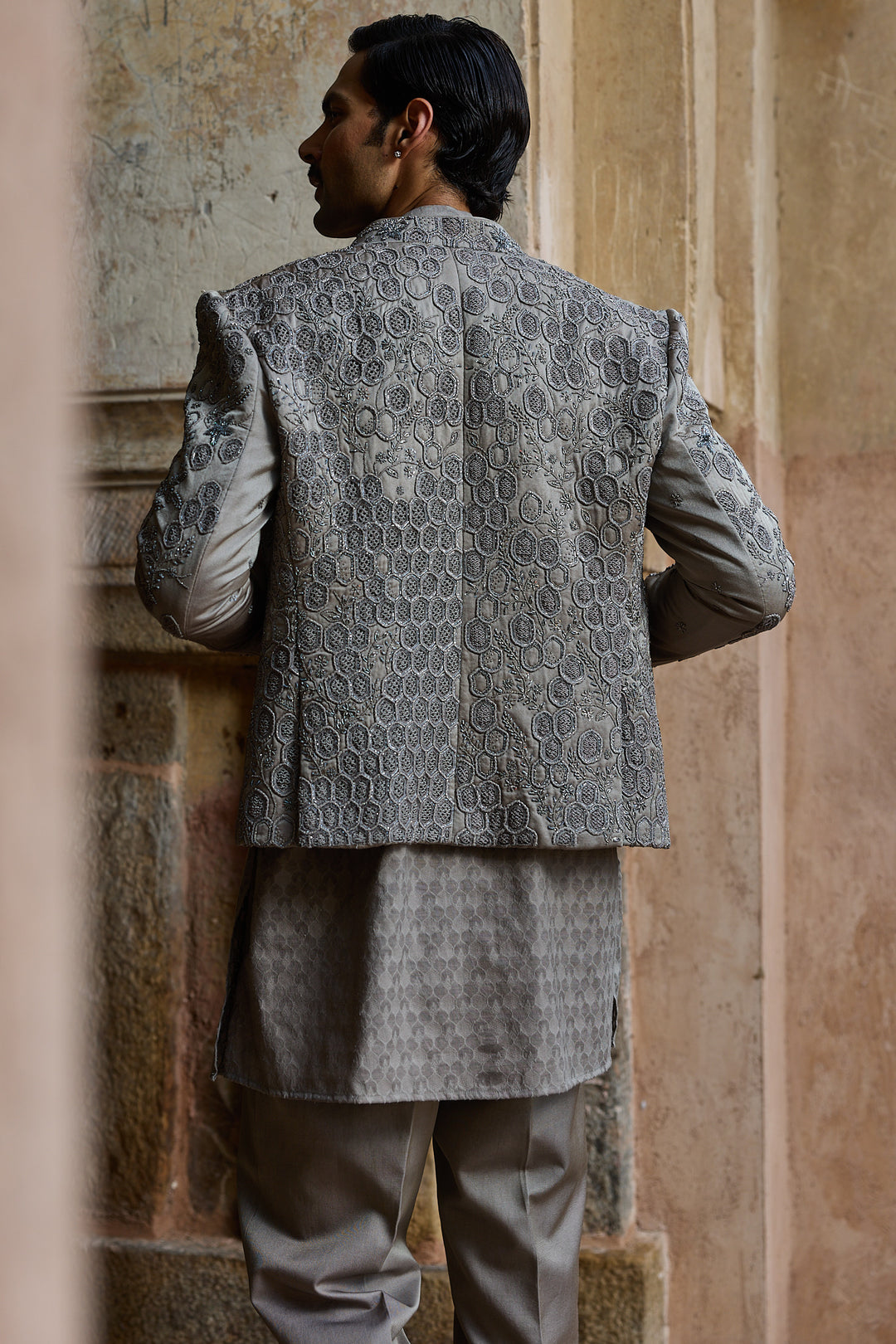 Grey Satin Silk Embroidered Open Bandhgala Set