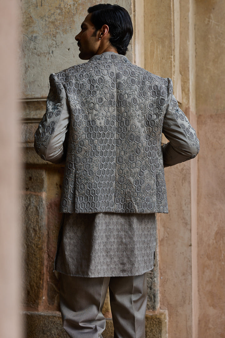 Grey Satin Silk Embroidered Open Bandhgala Set