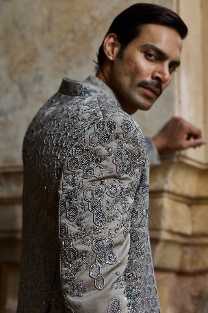 Grey Satin Silk Embroidered Open Bandhgala Set